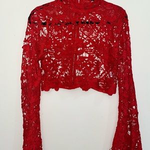 Red lace bell sleeve crop top with zipper in back